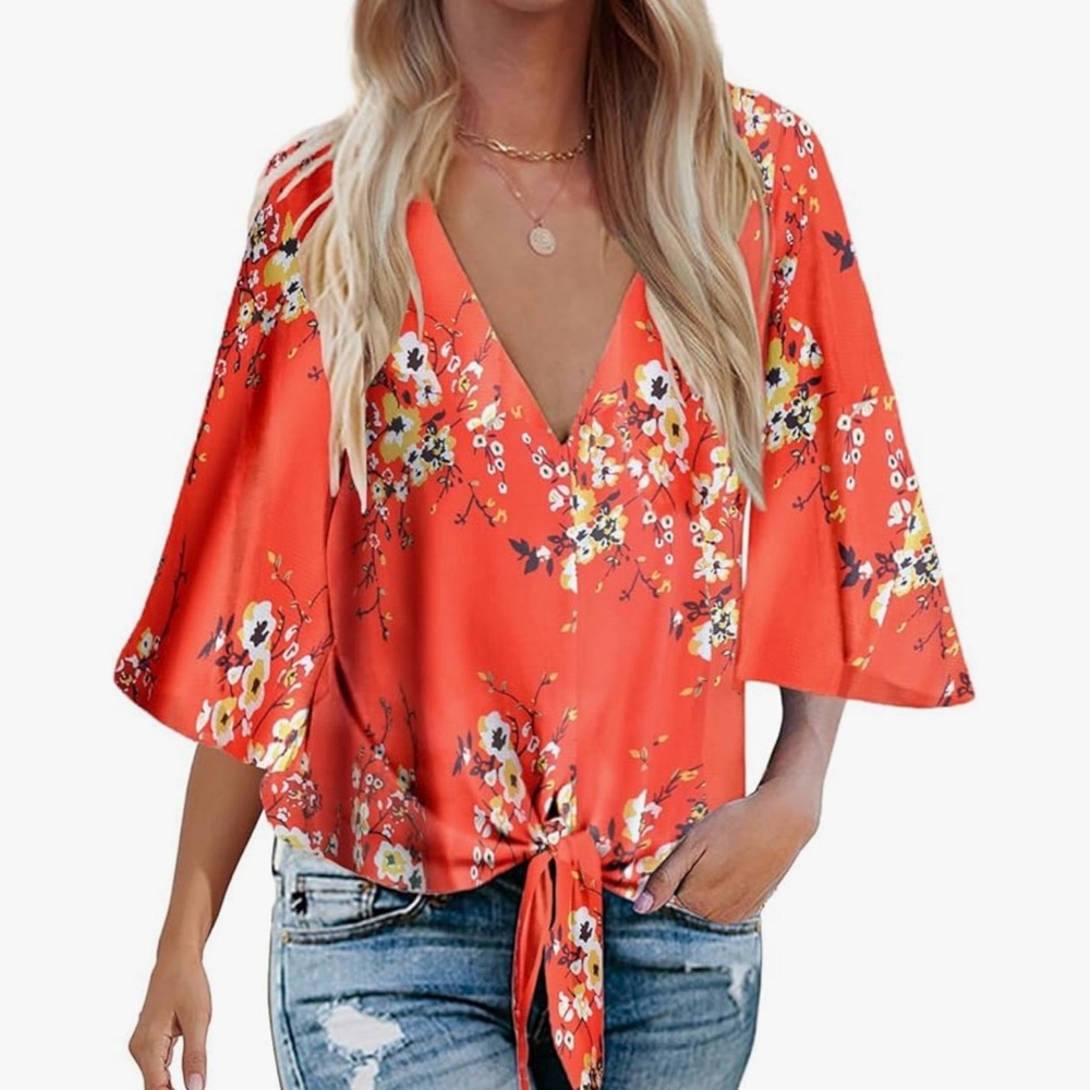 Orange Bell Sleeve Tie Front Blouse